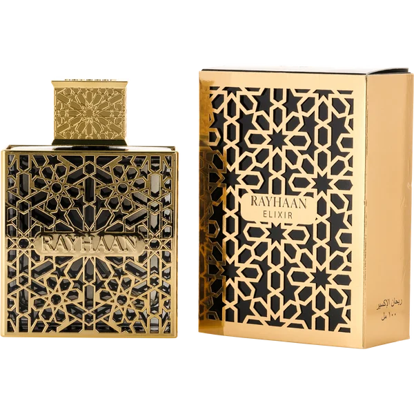 Rayhaan Elixir Eau de Parfum in a black and gold rectangular bottle with an ornate geometric pattern and matching box.