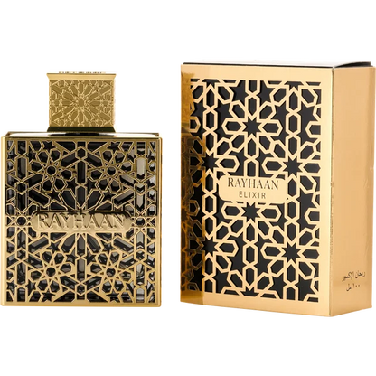 Rayhaan Elixir Eau de Parfum in a black and gold rectangular bottle with an ornate geometric pattern and matching box.