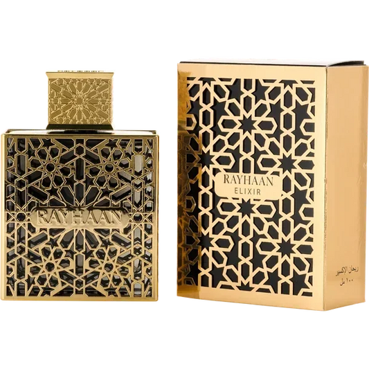 Rayhaan Elixir Eau de Parfum in a black and gold rectangular bottle with an ornate geometric pattern and matching box.
