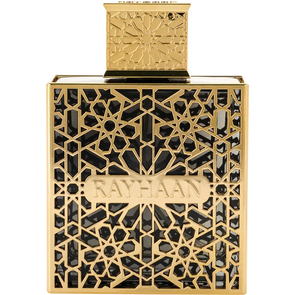 Rayhaan Elixir Eau de Parfum in a black and gold bottle with an ornate geometric lattice design and matching cap.