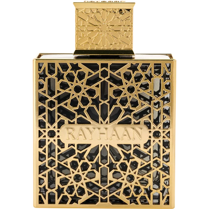 Rayhaan Elixir Eau de Parfum in a black and gold bottle with an ornate geometric lattice design and matching cap.
