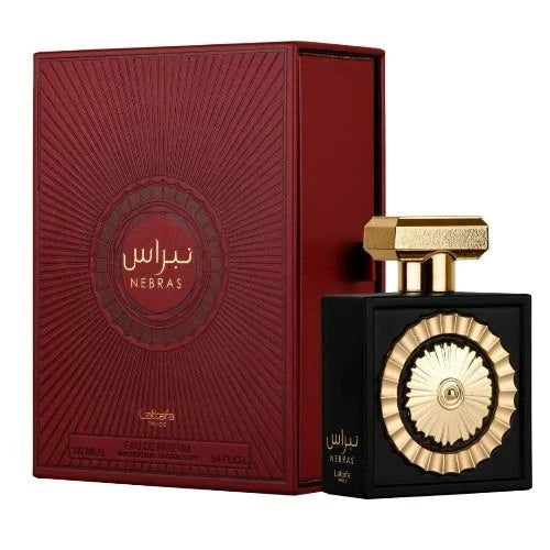 Lattafa Pride Nebras perfume bottle with sweet fruity gourmand fragrance notes of red berries, mandarin, vanilla, cacao, amber, and musk