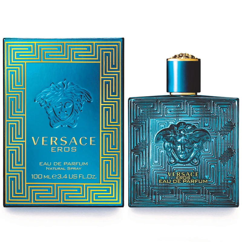Versace Eros Eau de Parfum blue glass bottle and box with gold Greca pattern, Medusa emblem, and black cap
