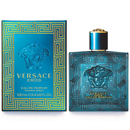 Versace Eros Eau de Parfum blue glass bottle and box with gold Greca pattern, Medusa emblem, and black cap