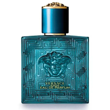 Versace Eros Eau de Parfum blue glass fragrance bottle with gold cap, Medusa emblem and Greca pattern