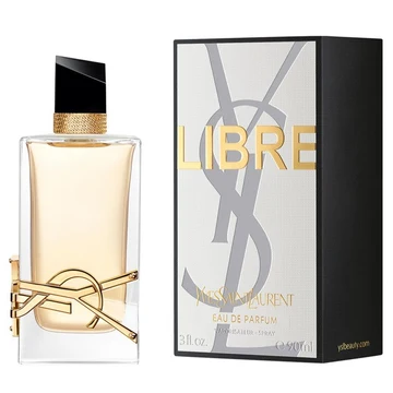 Yves Saint Laurent Libre Eau de Parfum in a clear glass bottle with gold YSL accents, black cap, and matching box.