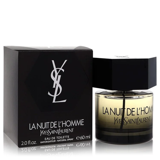 Yves Saint Laurent La Nuit Eau de Toilette in a clear rectangular glass bottle with dark geometric cap and black box.